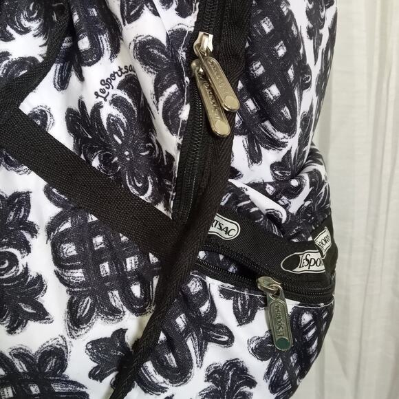 LeSportSac Floral Print Backpack Black White Nylon Geometric LARGE Pockets Strap - Picture 7 of 10